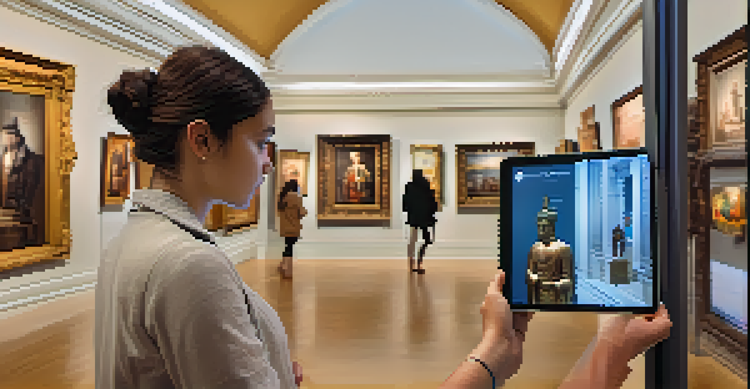 A museum visitor using a tablet with augmented reality to engage with historical exhibits, surrounded by soft lighting and artifacts.