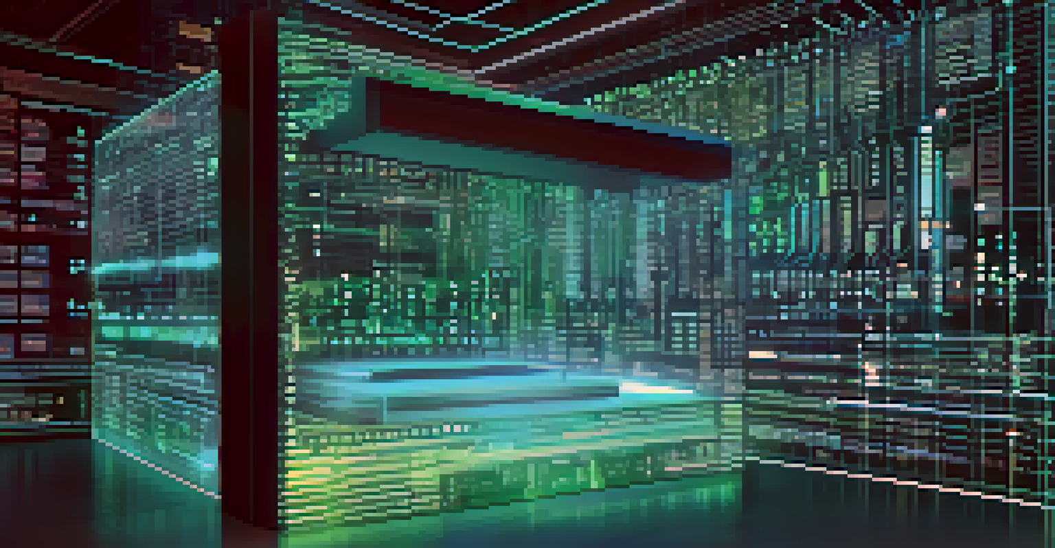 An abstract digital representation of a smart contract on a holographic screen with code and floating geometric shapes.