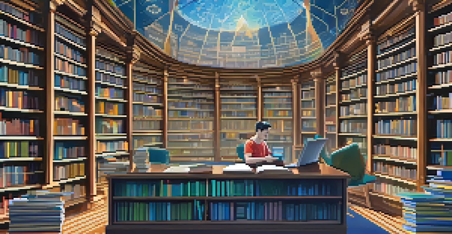 A library of digital books on cryptocurrencies, with a person borrowing a 'flash loan' book amid holographic financial displays.