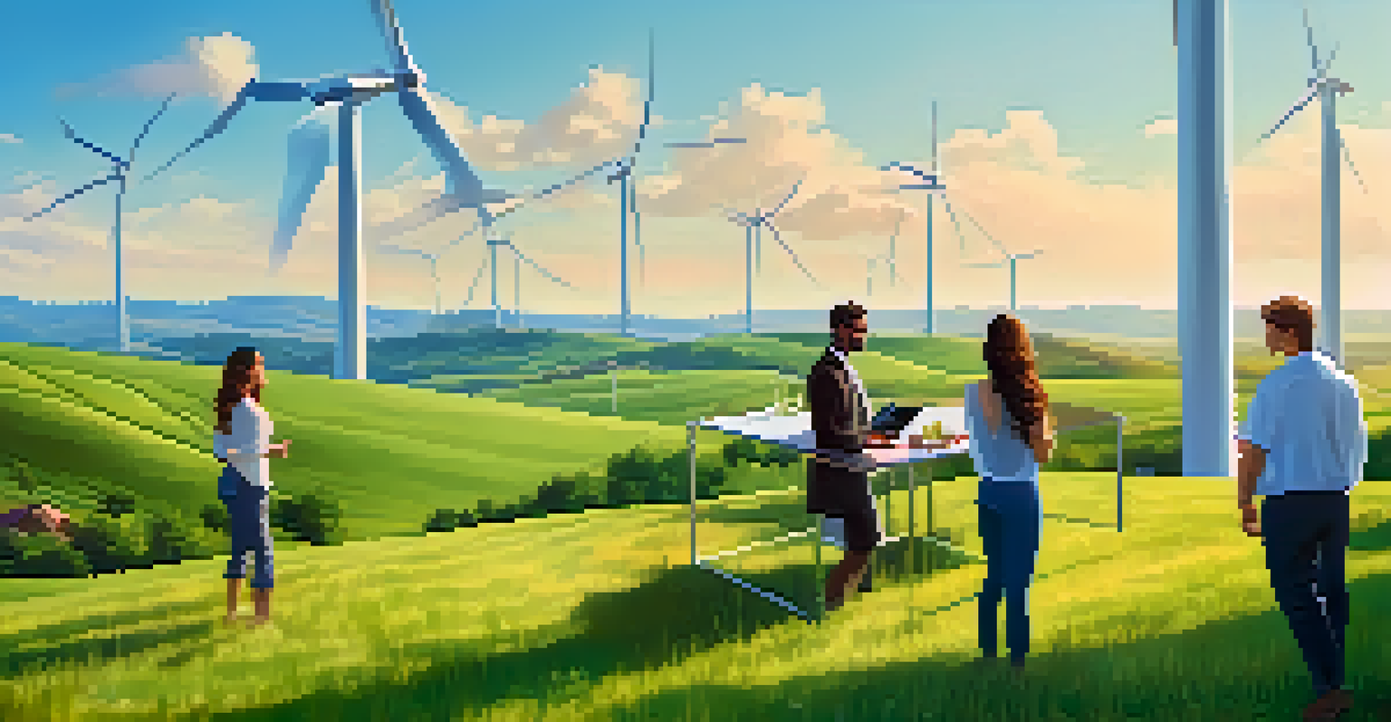 A peaceful scene with wind turbines on green hills and people working together on a digital tablet about eco-friendly blockchain solutions.
