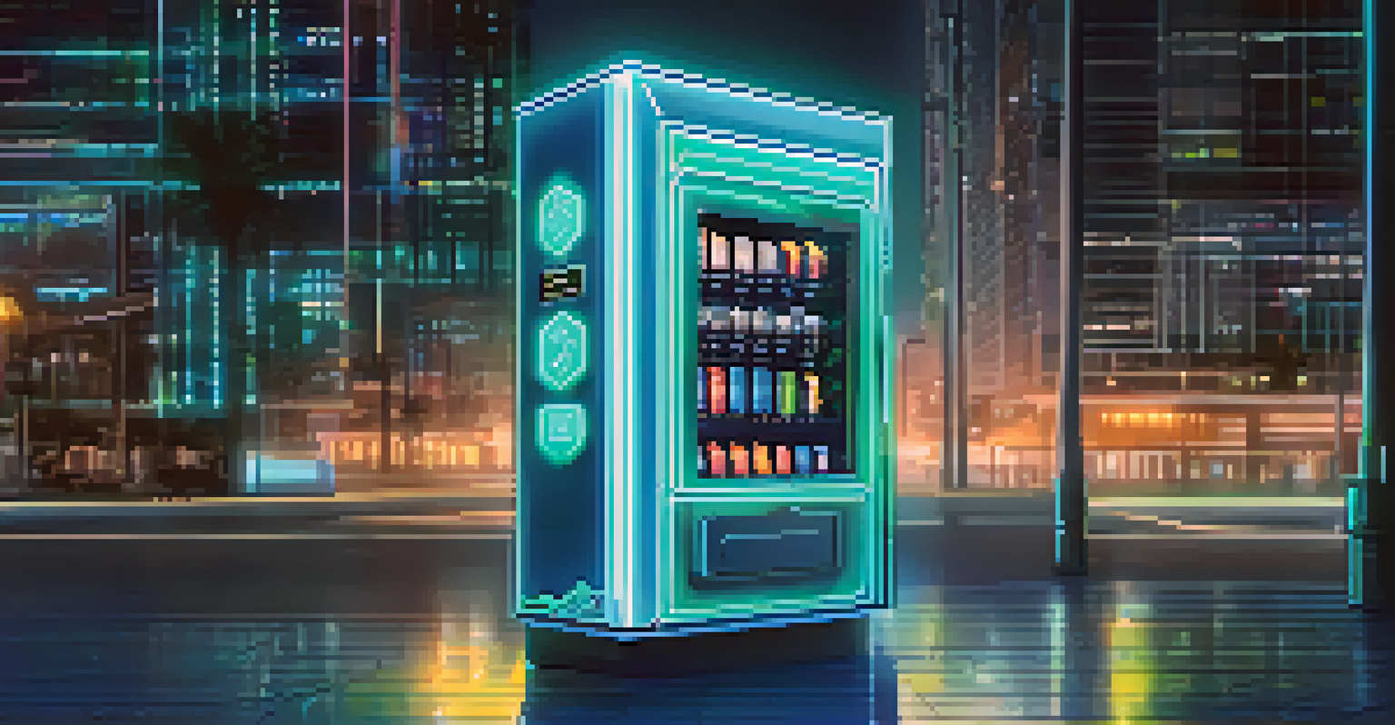 An abstract vending machine representing a smart contract, with glowing buttons dispensing Ethereum tokens and binary code in the background.