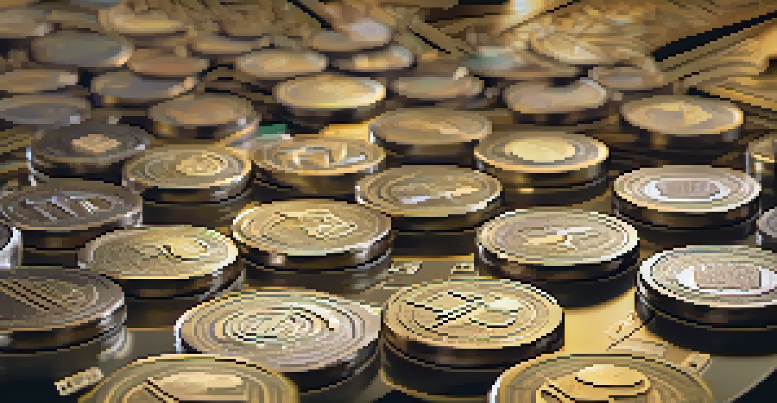 Close-up of governance tokens on a digital table with voting proposals displayed in the background.