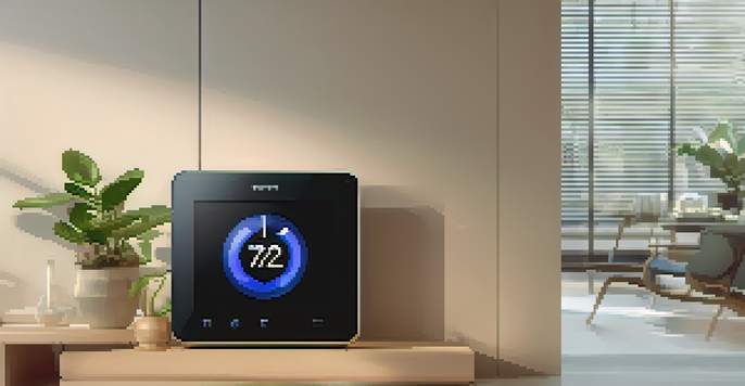 A modern smart thermostat on a wall in a cozy living room, with a digital temperature display and connected device icons around it.