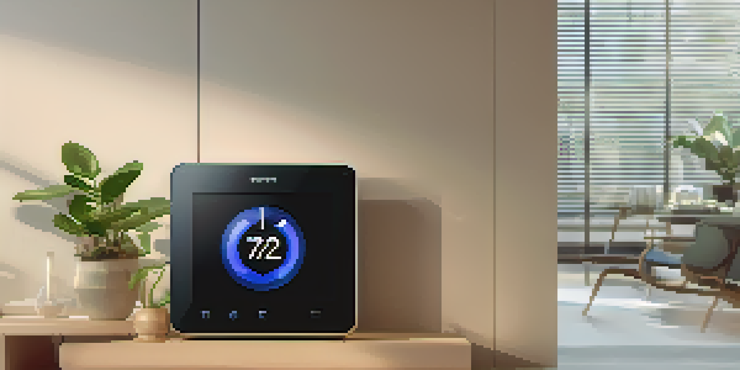 A modern smart thermostat on a wall in a cozy living room, with a digital temperature display and connected device icons around it.