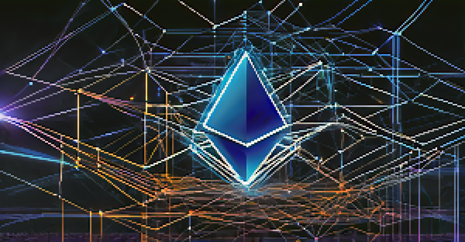 A visual representation of Ethereum's blockchain with interconnected digital twins, glowing 3D models, and data flow.
