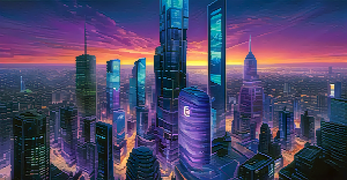 A city skyline at dusk featuring traditional and modern architecture, with people using digital interfaces for identity management.