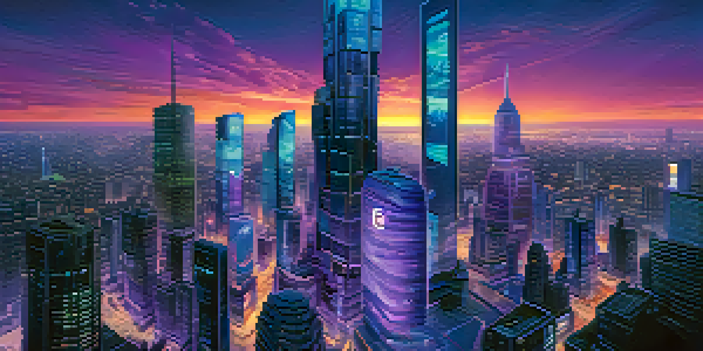 A city skyline at dusk featuring traditional and modern architecture, with people using digital interfaces for identity management.