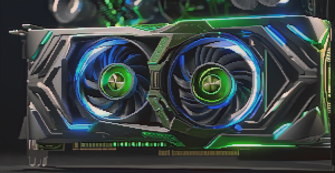 A detailed close-up of a high-performance graphics processing unit (GPU) with cooling fans and LED lights.