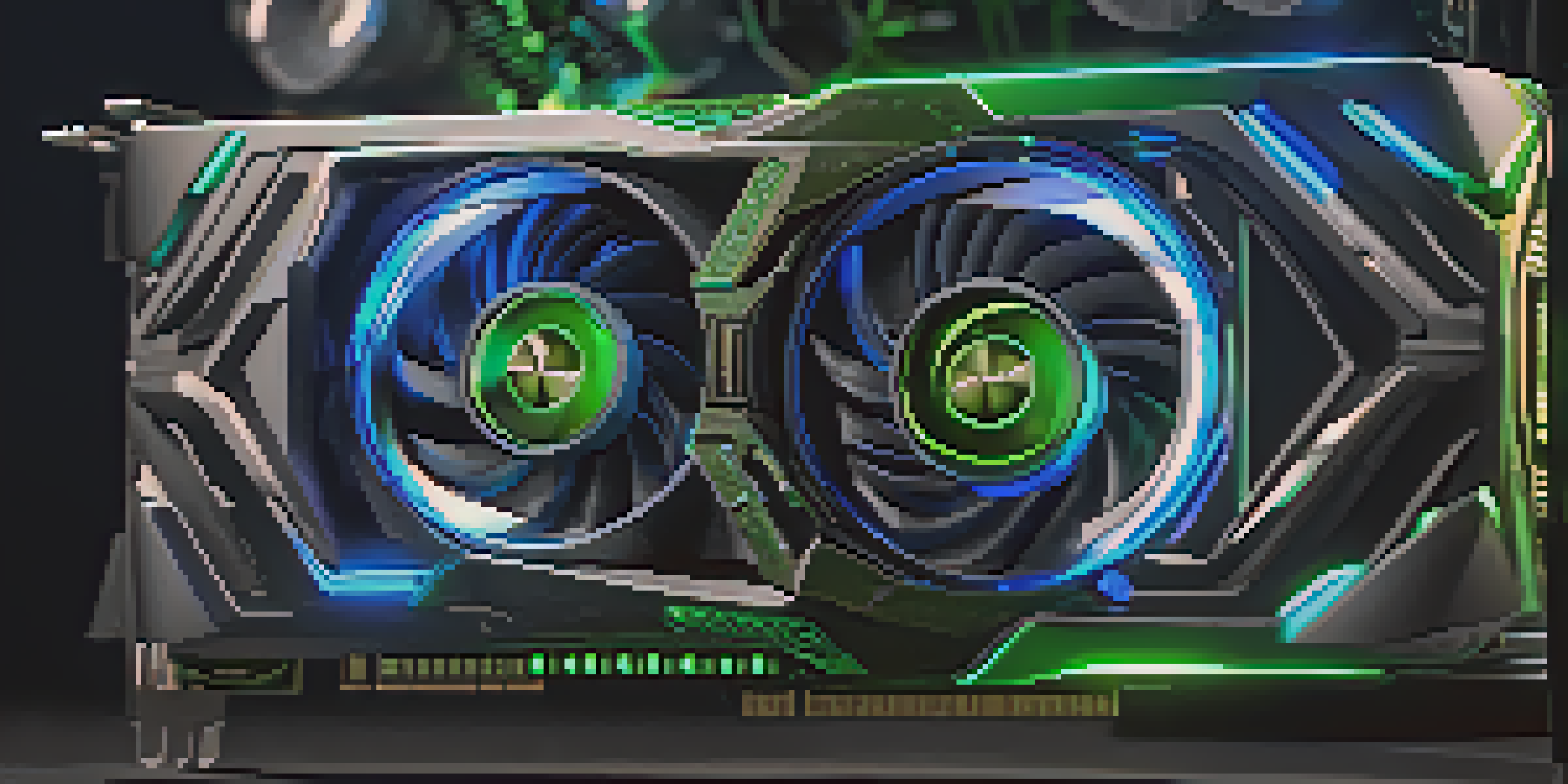 A detailed close-up of a high-performance graphics processing unit (GPU) with cooling fans and LED lights.