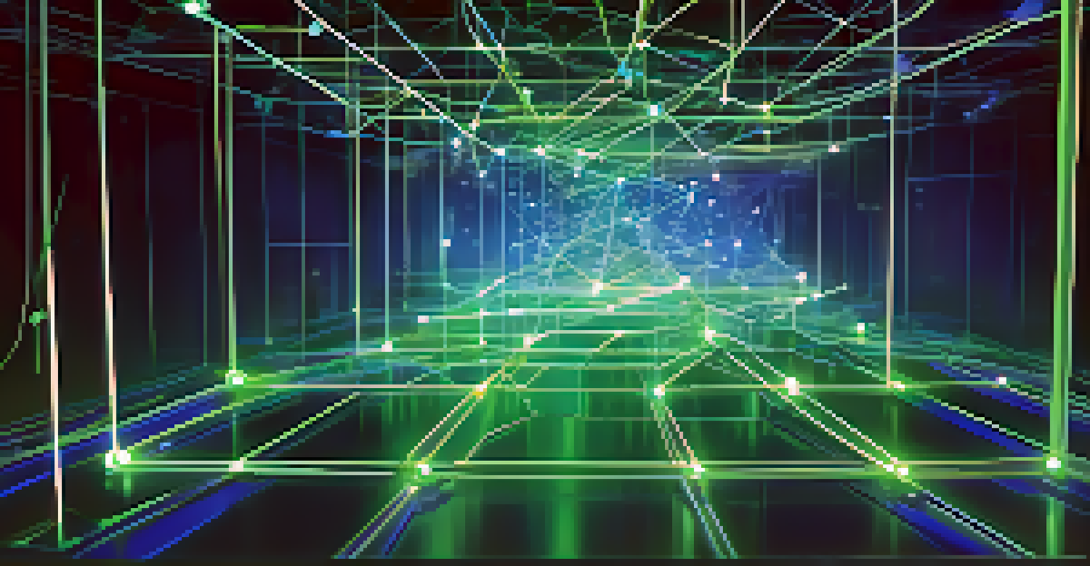 A 3D visualization of a blockchain network with glowing interconnected nodes on a blue and green background.
