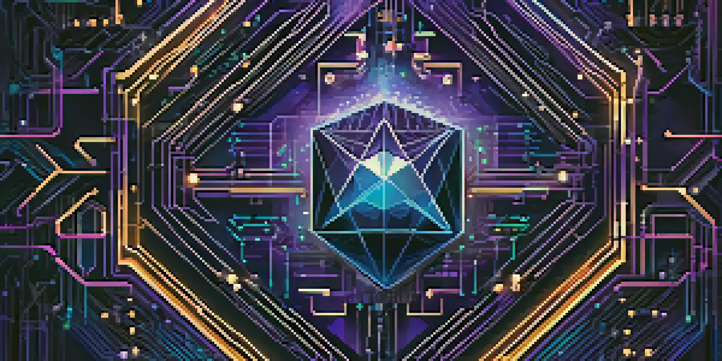 A close-up view of the Ethereum logo with digital circuit patterns and glowing nodes in a dark blue and purple color scheme.