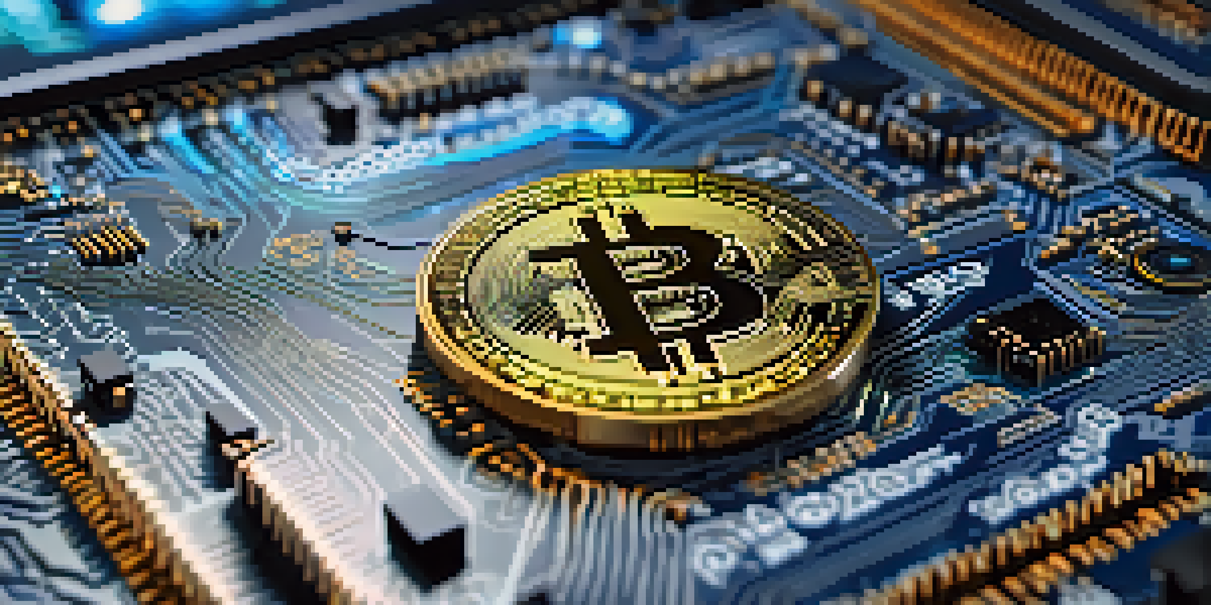A detailed close-up of a Bitcoin coin on a circuit board, illuminated by blue light, showcasing the coin's engravings and the board's textures.