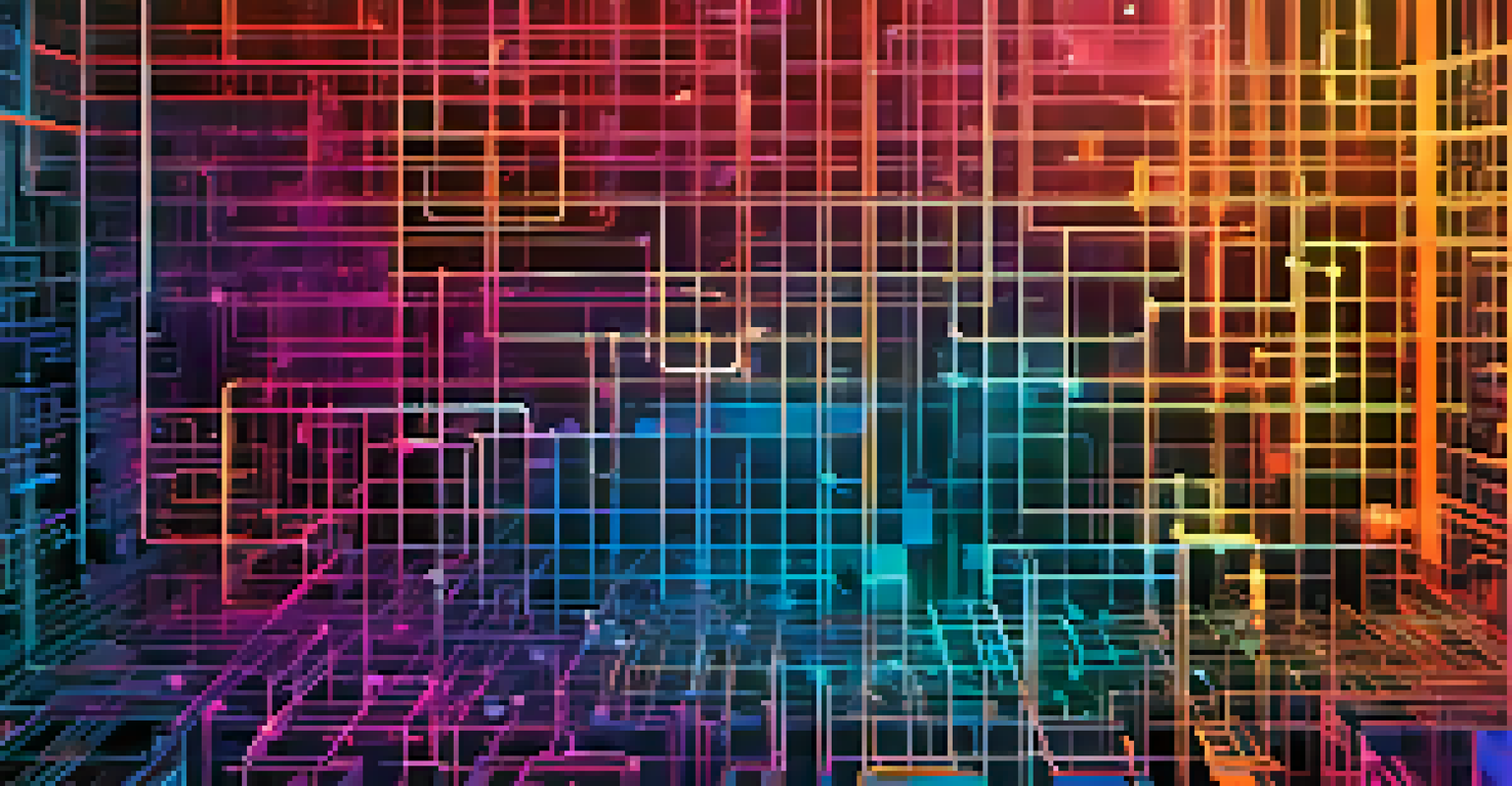 A colorful artistic representation of a blockchain network with interconnected blocks and digital circuit patterns in the background.