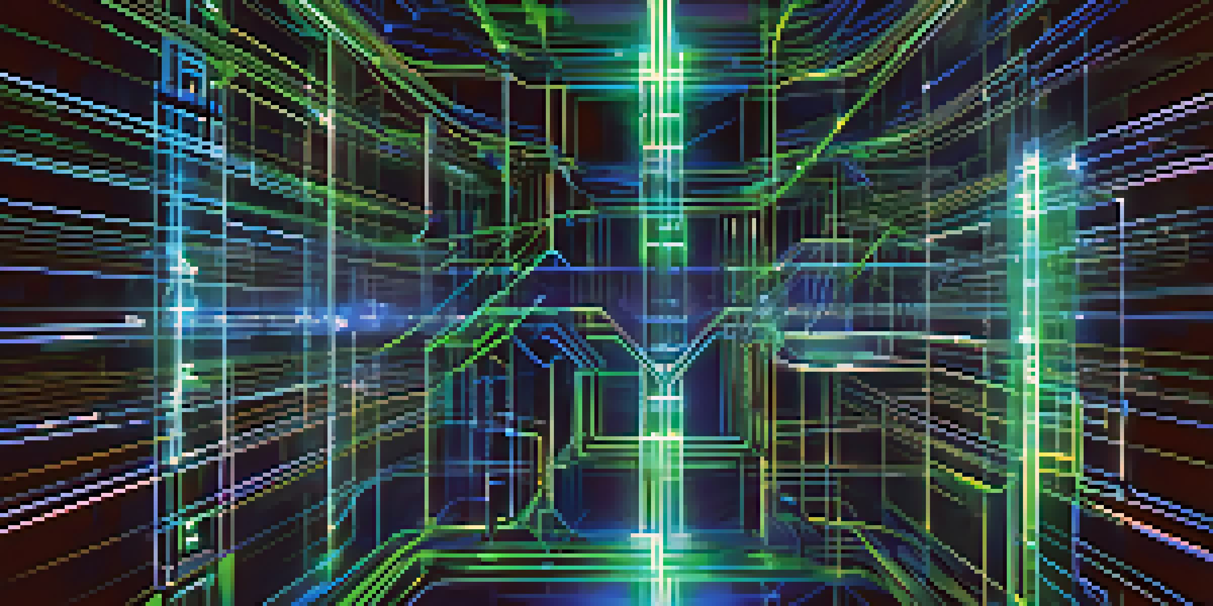 A vibrant artistic depiction of a blockchain network with glowing interconnected blocks and light trails, set against a dark background.