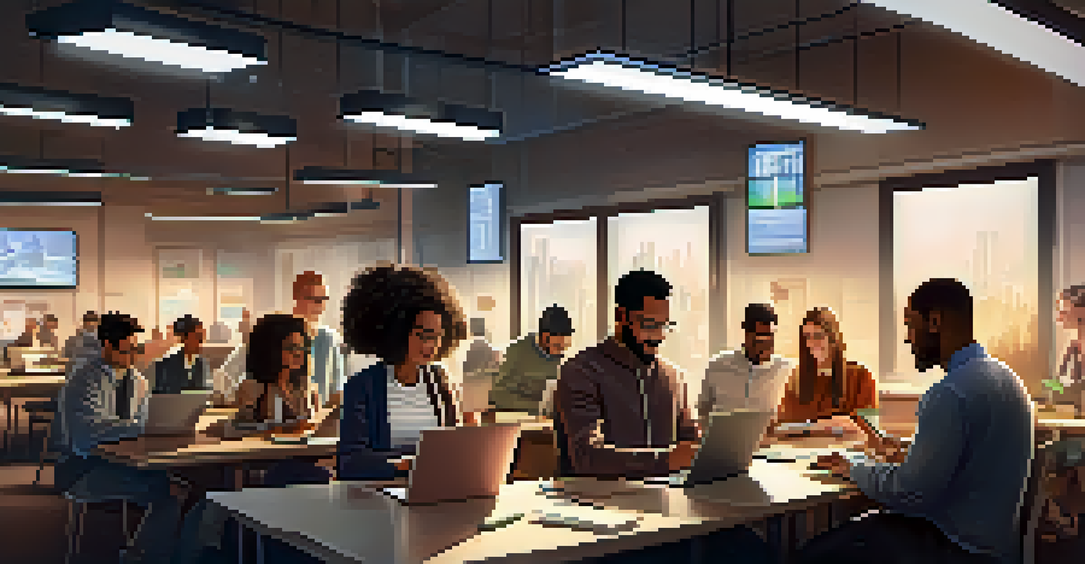 A diverse group of people in a modern workspace interacting with synthetic assets on laptops and tablets, showcasing graphs and asset representations.
