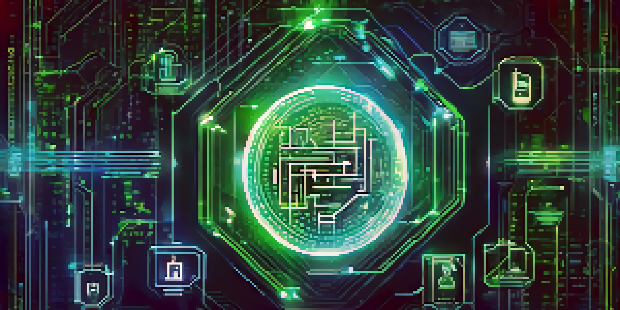 An illustration of a futuristic digital contract on a glowing blockchain background, featuring code snippets and security symbols in deep blues and greens.