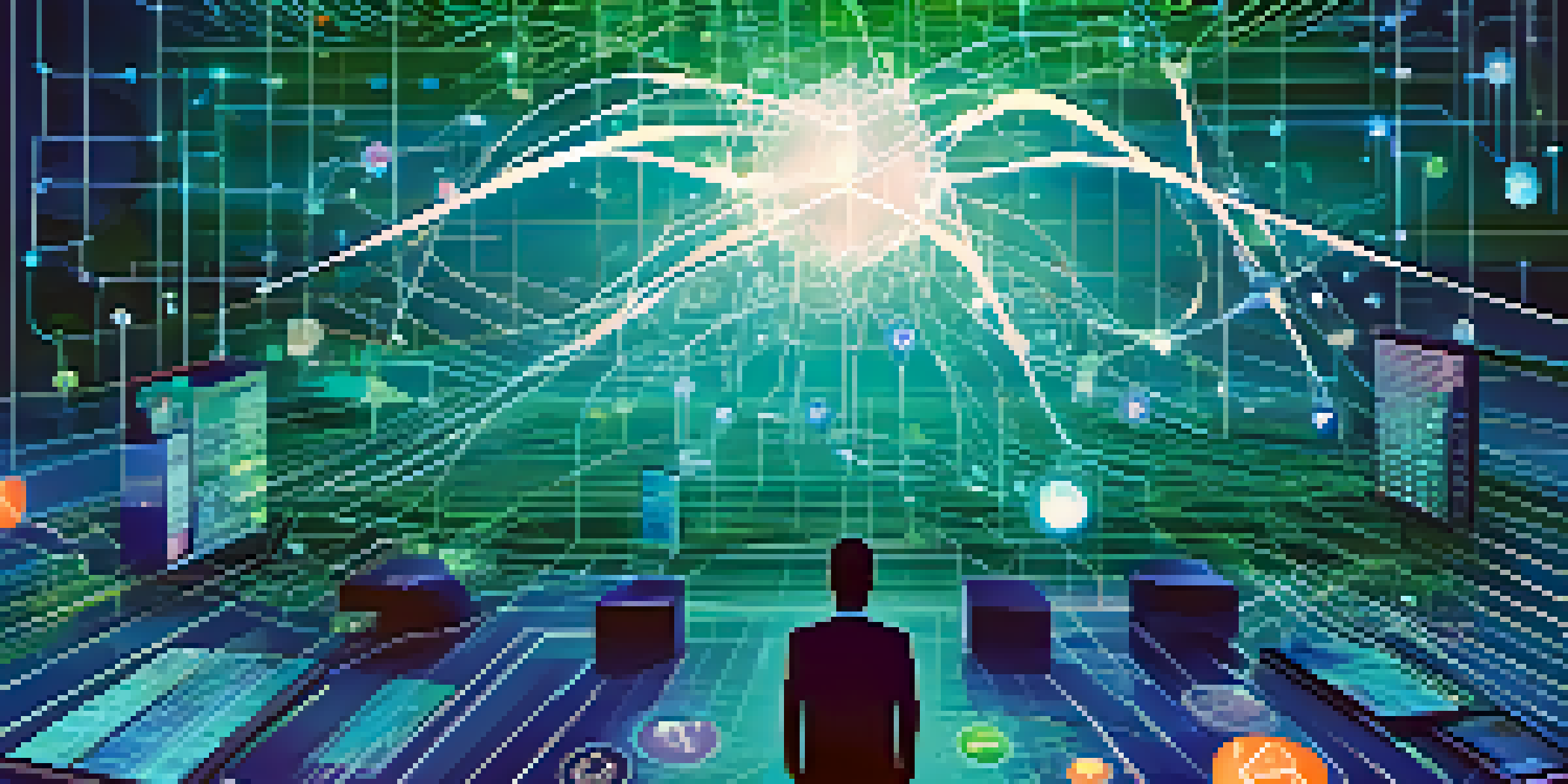 An illustration showing a decentralized finance ecosystem with blockchain nodes connected by data lines, complemented by real-world data elements like weather icons and currency symbols in a blue and green color scheme.