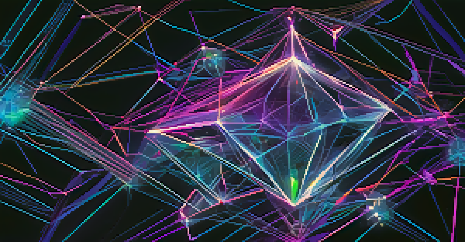 Abstract representation of Ethereum's blockchain with interconnected nodes and a glowing Ethereum logo in deep blue and purple colors.