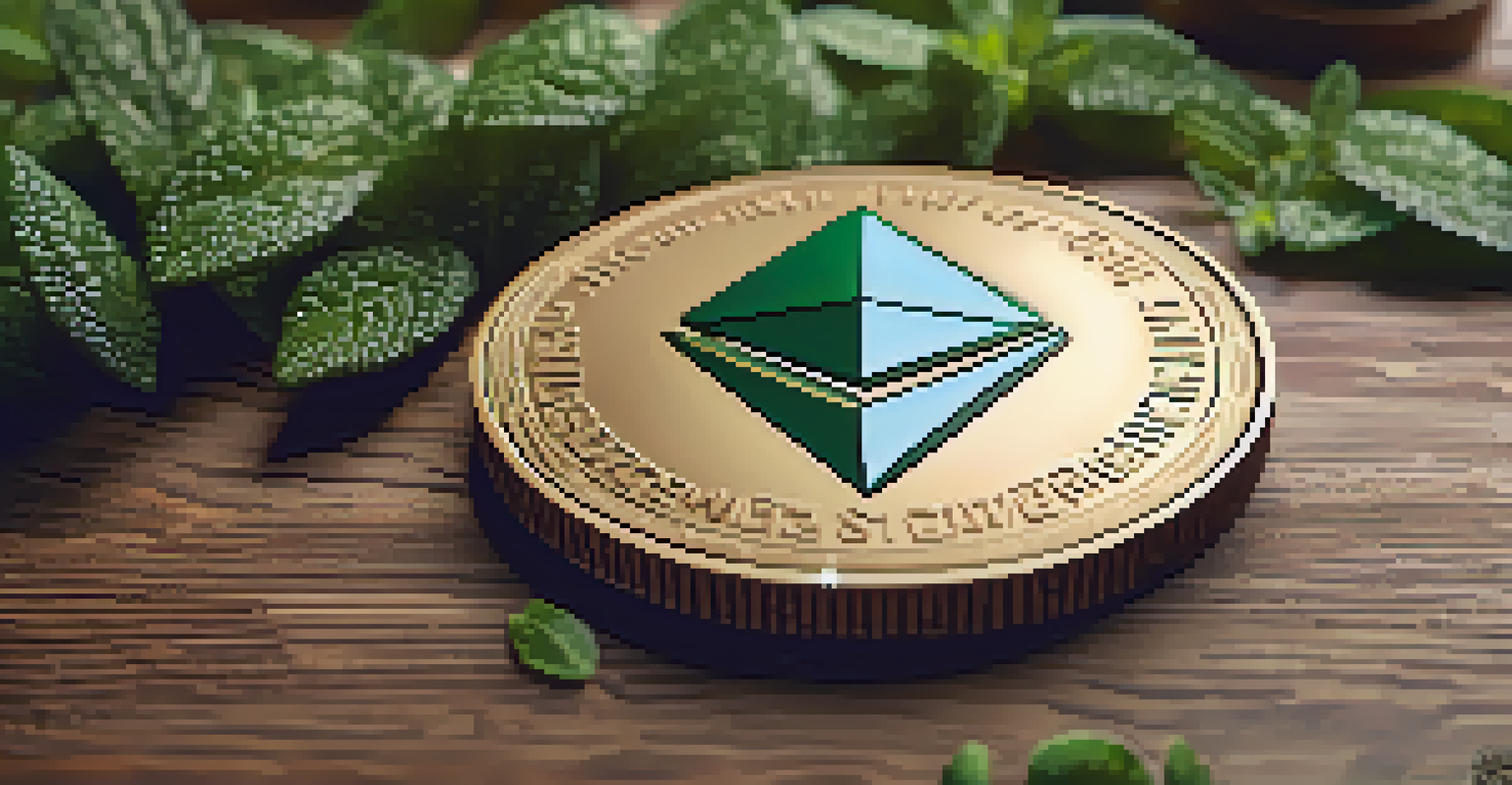 A close-up of a physical Ethereum coin on a wooden surface, surrounded by green mint leaves, illuminated by soft warm lighting.