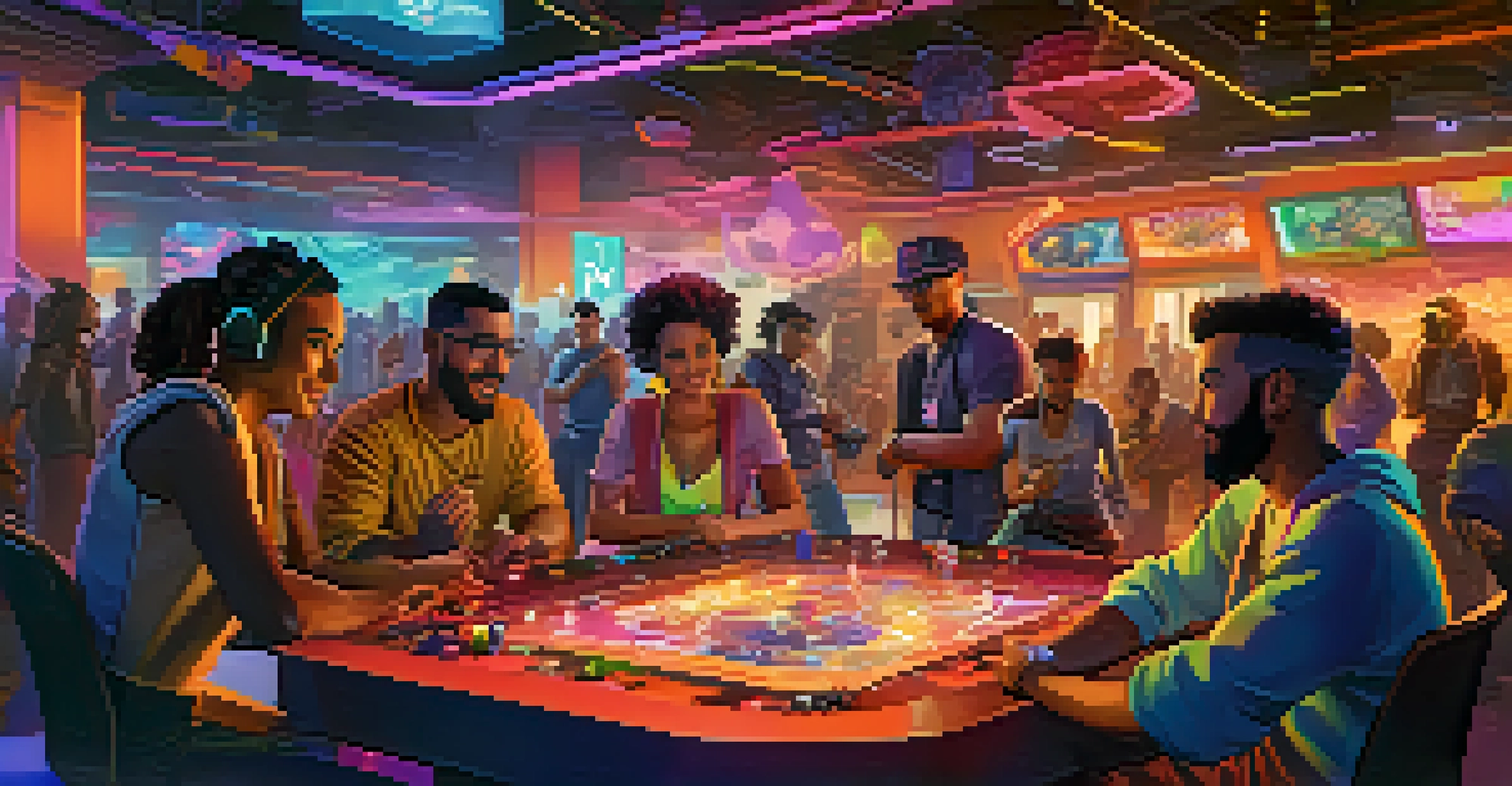 A vibrant virtual gaming community gathering with diverse characters interacting and trading.