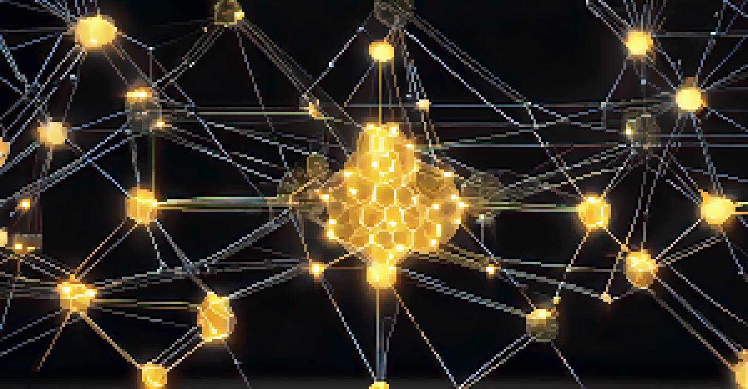 A visual representation of a glowing blockchain network against a dark background, illustrating transparency and trust.