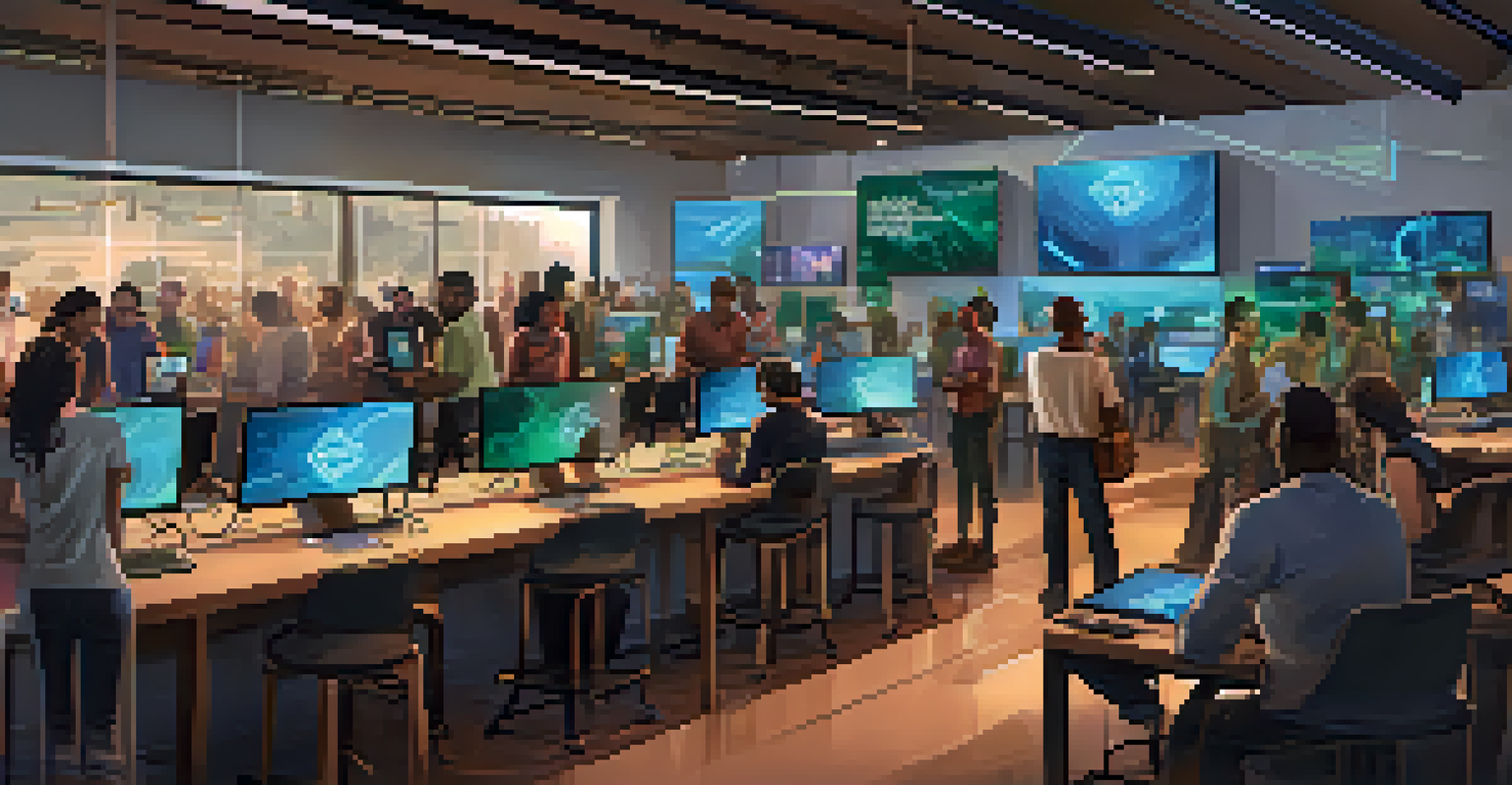 A diverse group of people collaborating in a tech hub focused on blockchain technology and token standards.