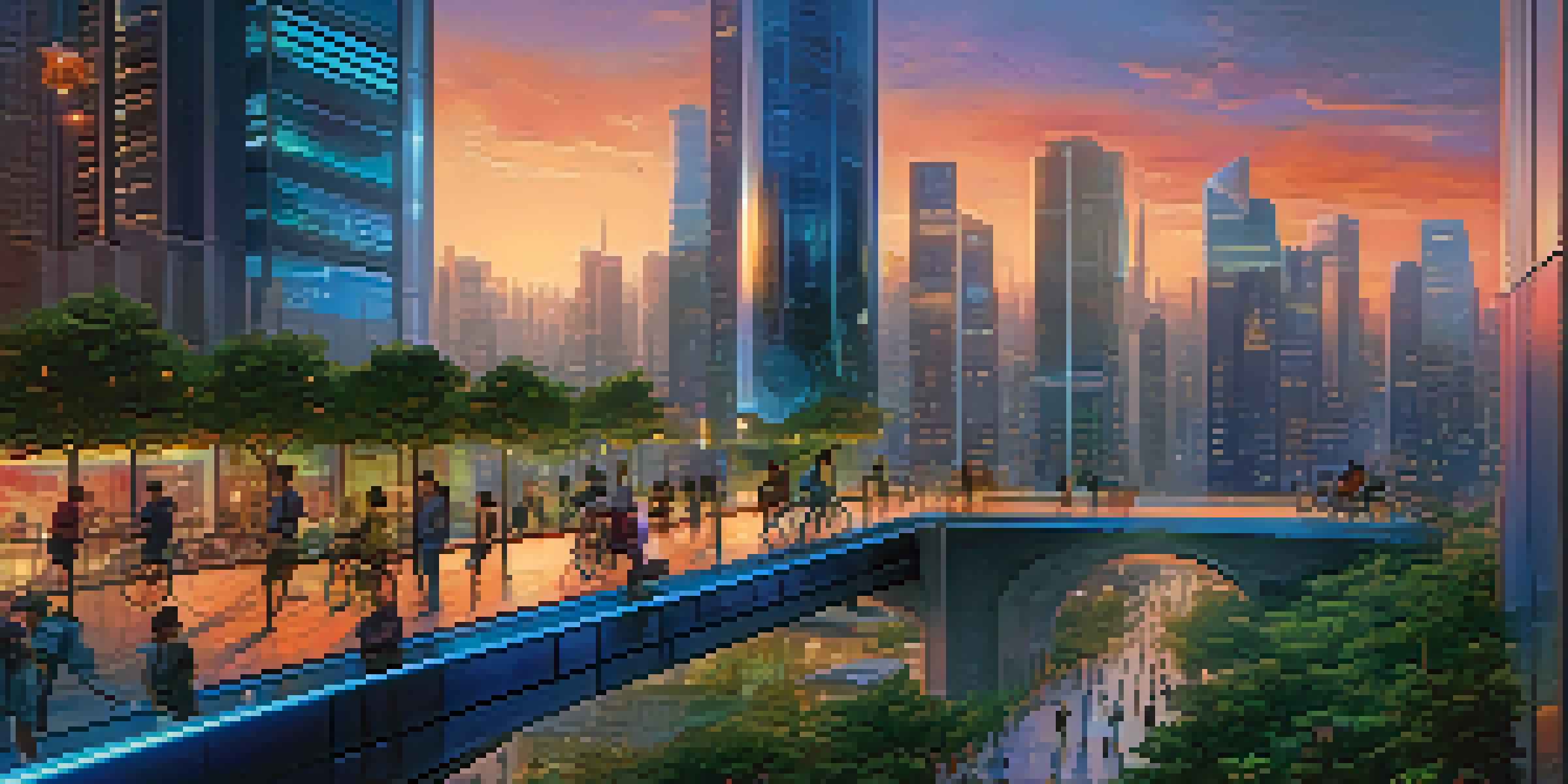 A vibrant futuristic cityscape at dusk with modern skyscrapers, greenery, and neon lights. People are walking and cycling along pathways.