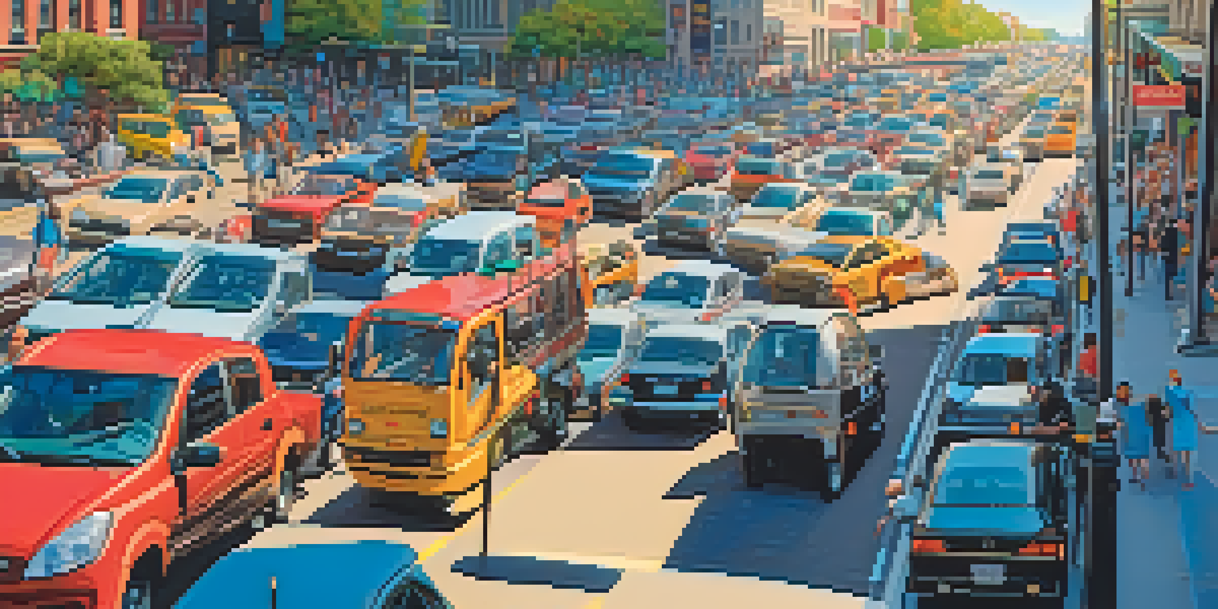 A busy city street with cars in traffic, representing congestion and busy urban life.