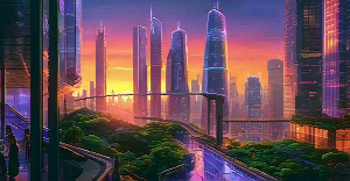 A vibrant cityscape at sunset with tall buildings and neon lights, featuring flying vehicles and people on walkways surrounded by greenery.