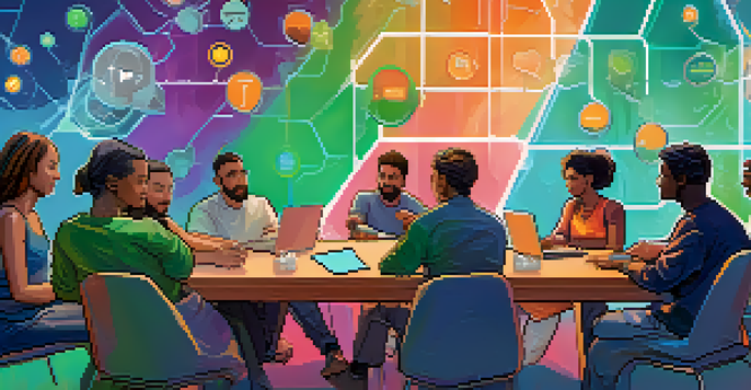 A diverse group of people interacting in a digital space discussing Ethereum, with colorful chat bubbles and a tech-themed background.