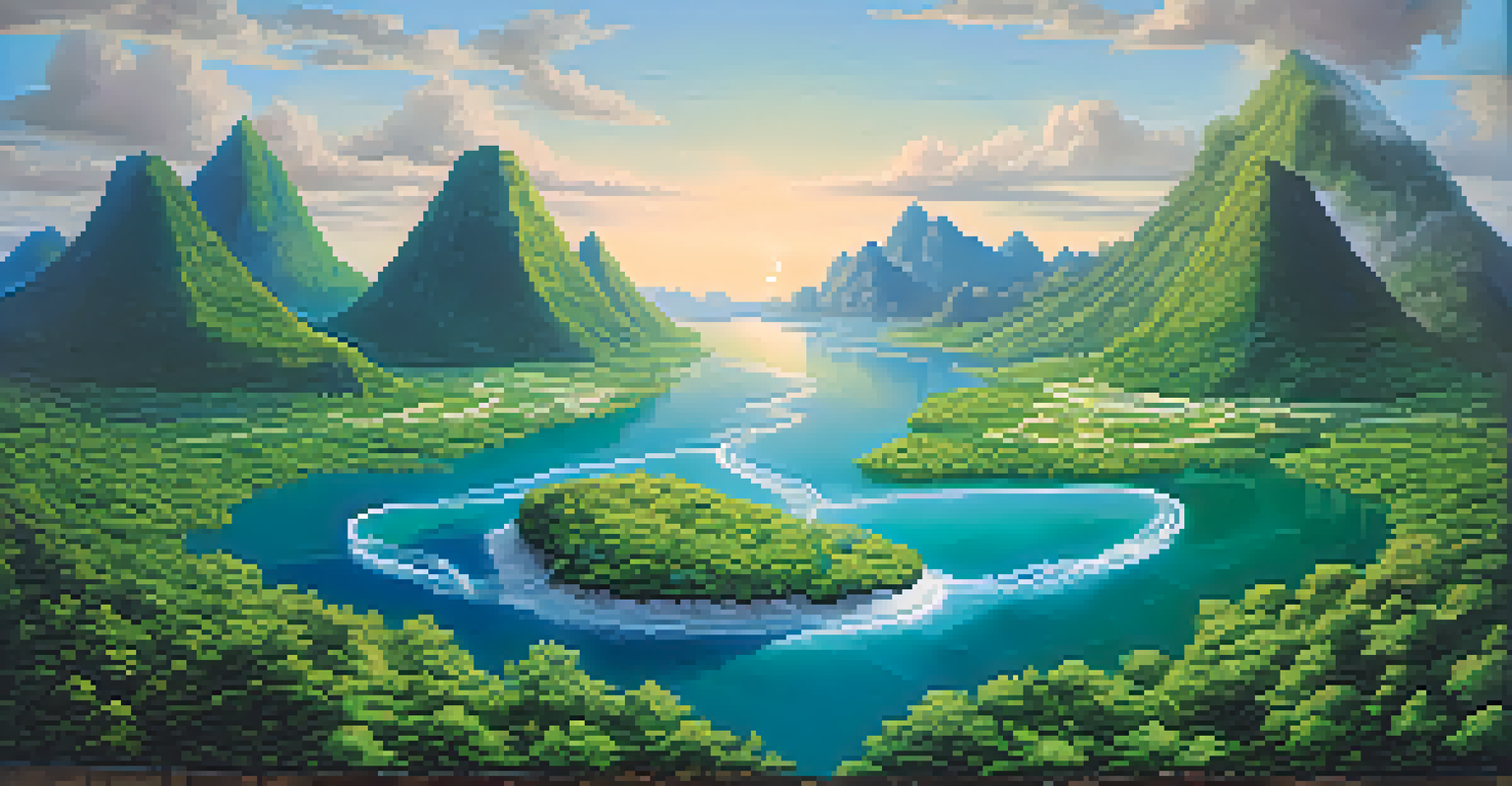 A river flowing between two islands, one green and lush representing Ethereum, the other rocky representing Bitcoin, connected by a bridge of light.