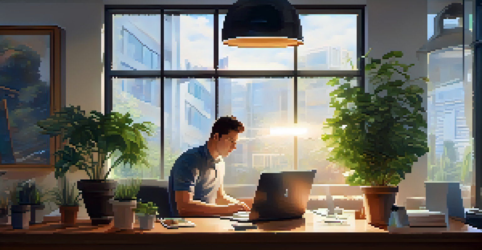 A developer working in an office on a laptop with smart contract code visible on the screen, surrounded by tech gadgets.