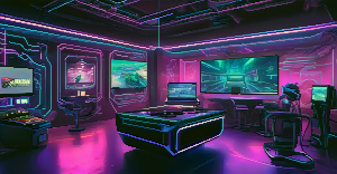 A futuristic gaming room with players using VR headsets, illuminated by neon lights, showcasing Ethereum-based games on multiple screens.