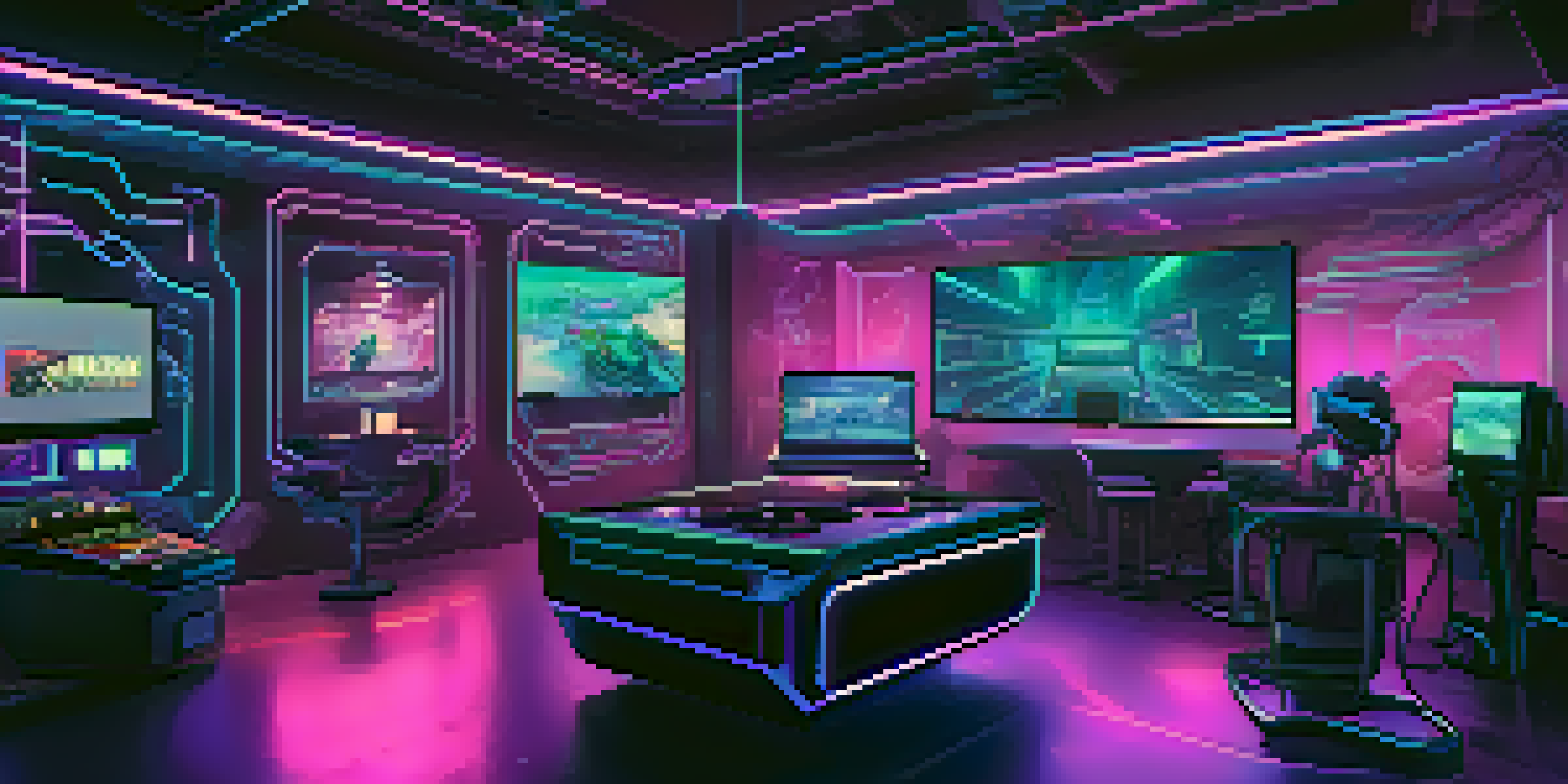 A futuristic gaming room with players using VR headsets, illuminated by neon lights, showcasing Ethereum-based games on multiple screens.