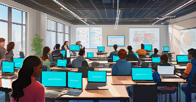 A classroom filled with students learning about Ethereum development, laptops open with code, and a bright environment.