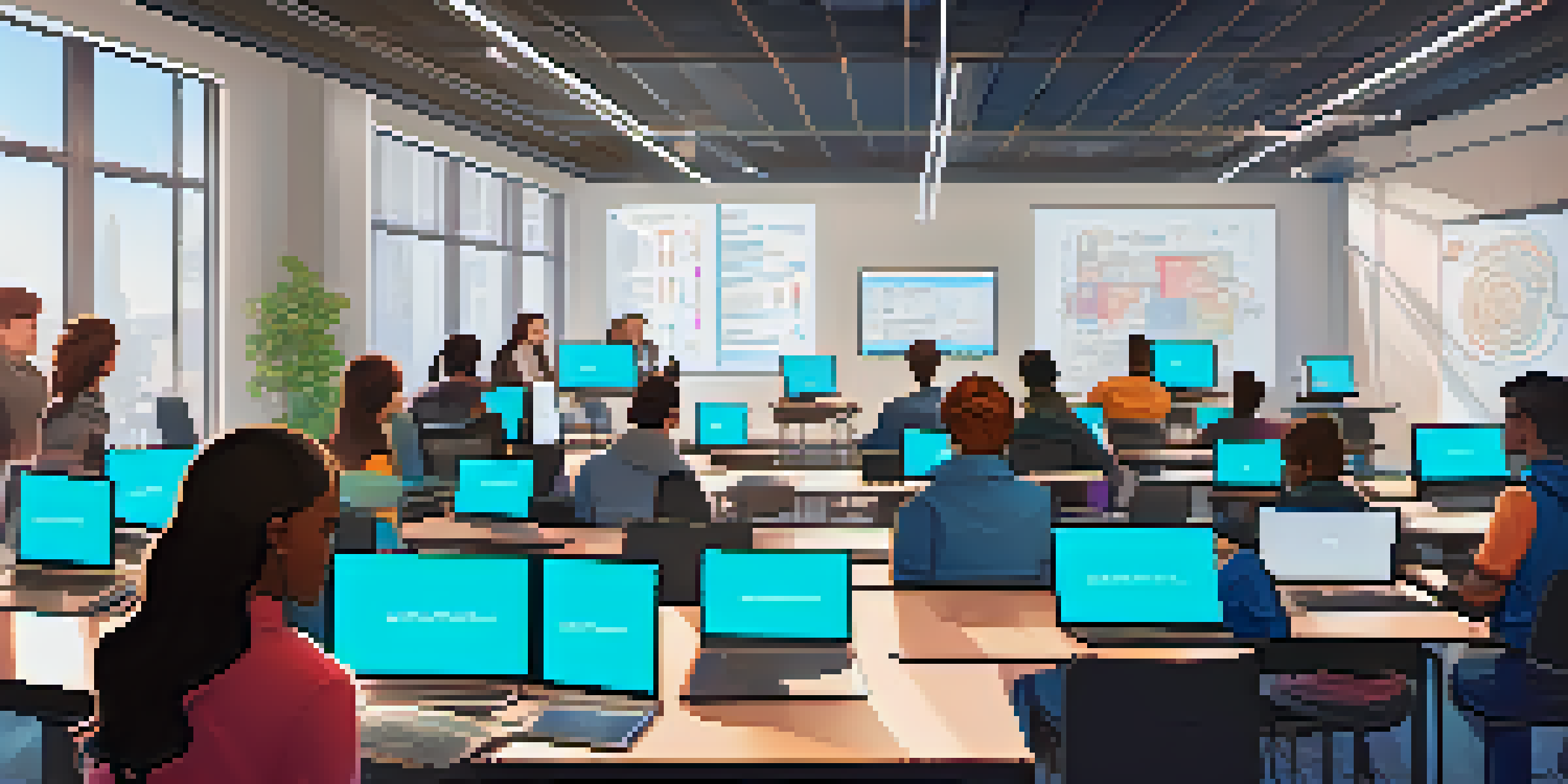 A classroom filled with students learning about Ethereum development, laptops open with code, and a bright environment.