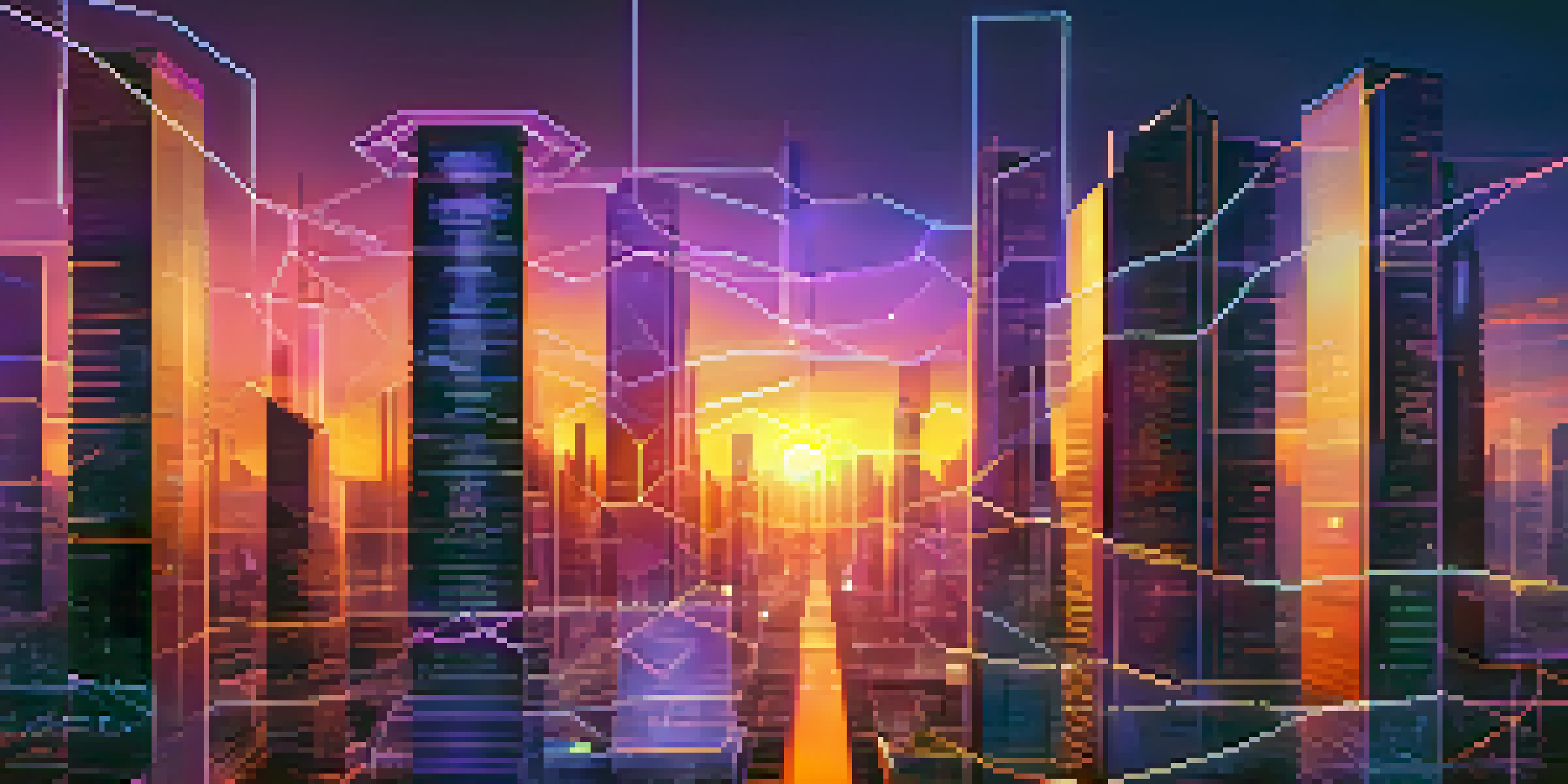 A vibrant city skyline at sunset with interconnected buildings representing blockchain technology, glowing lines, and digital screens.