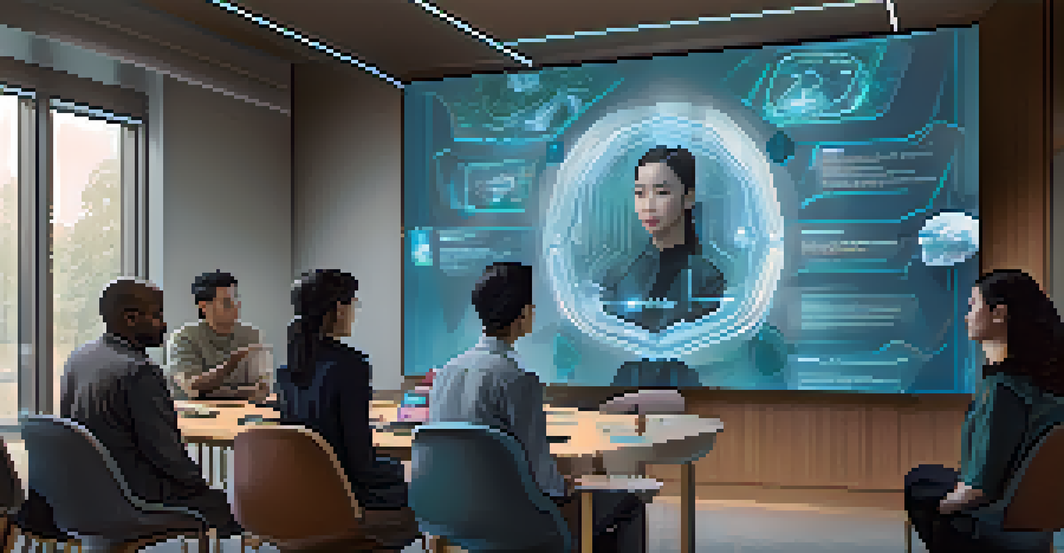 A modern meeting room with a digital assistant on a screen providing data analysis to a group of engaged members discussing insights.