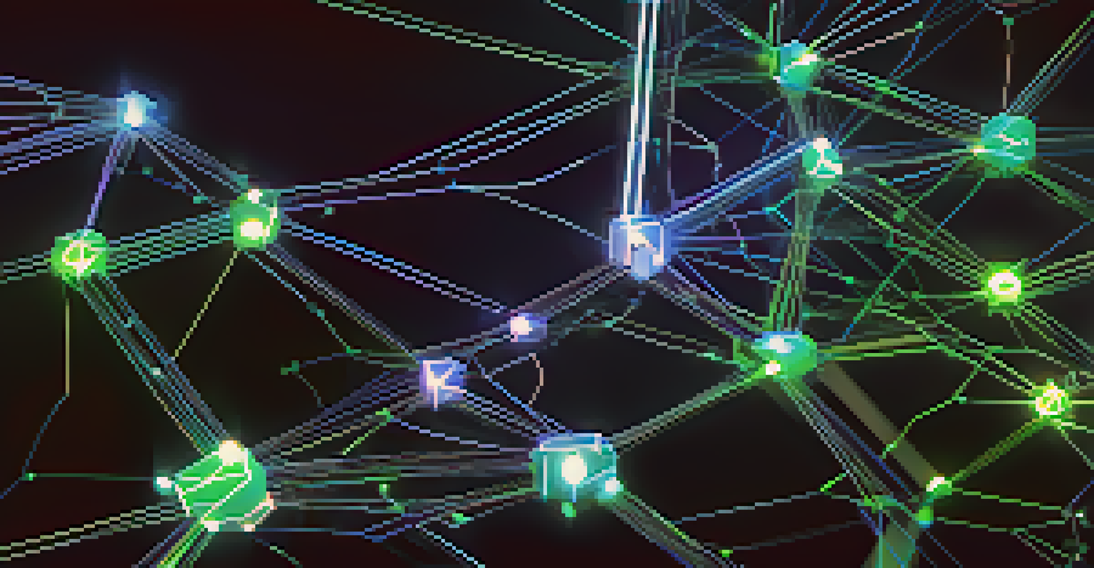 An artistic representation of a blockchain network with interconnected nodes glowing in blue and green light.