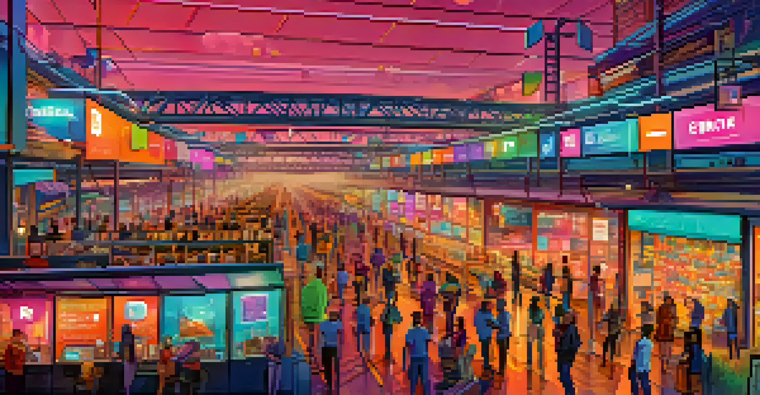 A bustling blockchain marketplace with people trading assets across animated cross-chain bridges.