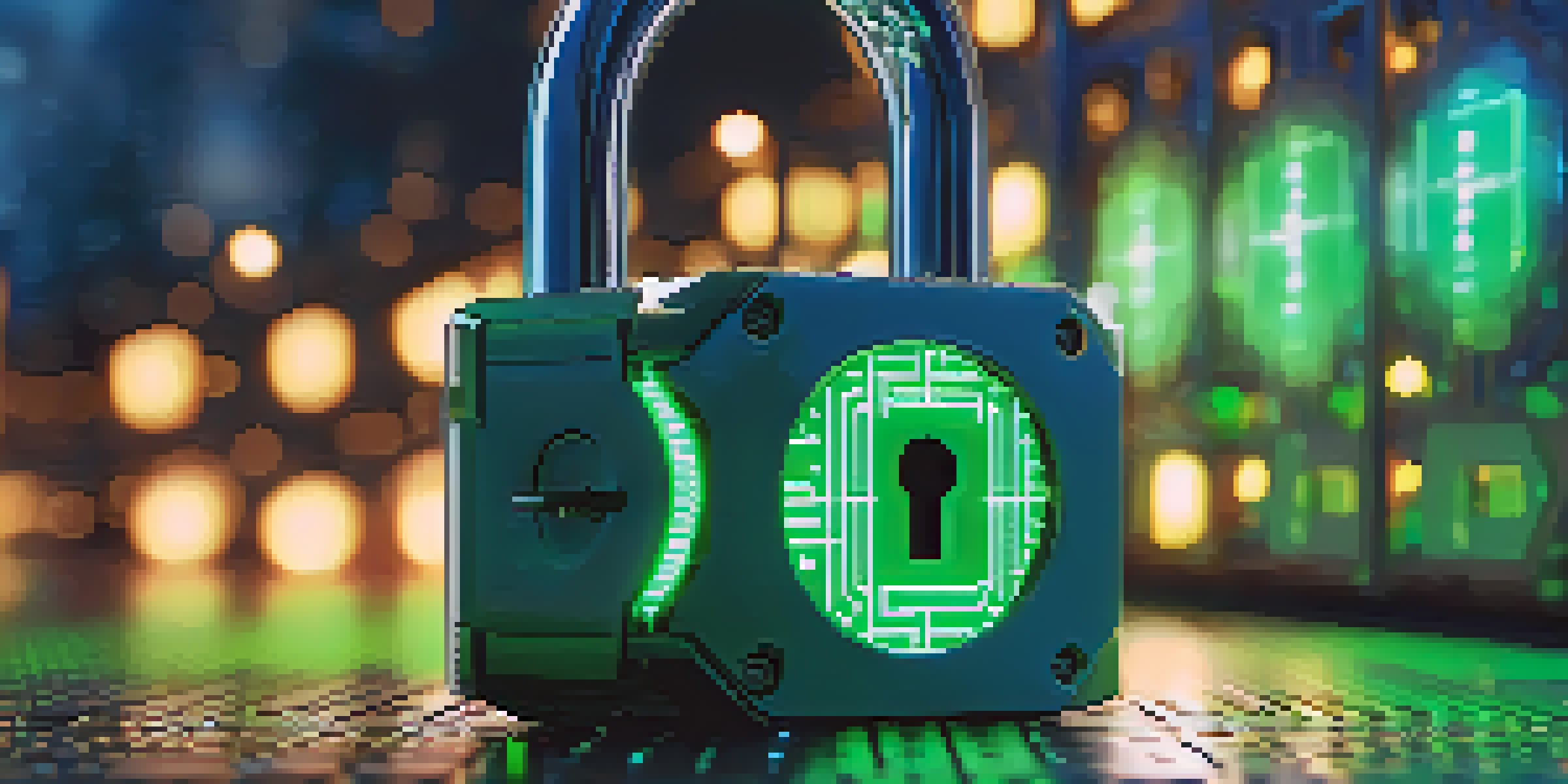 A digital lock symbolizing cryptographic security with a glowing hash symbol, set against a blurred blockchain network background.