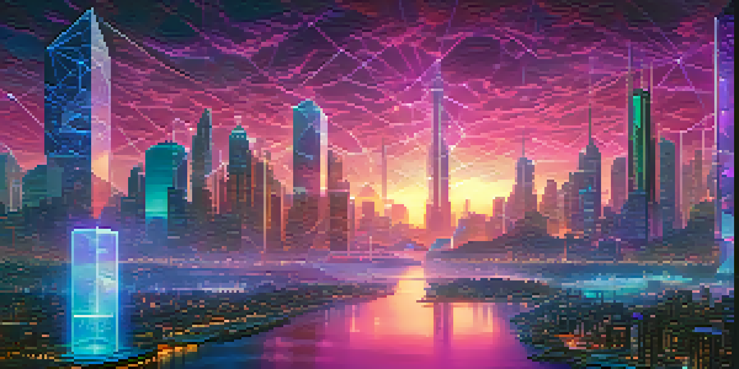 A digital landscape with floating holograms representing different ERC token standards over a city skyline with neon lights.