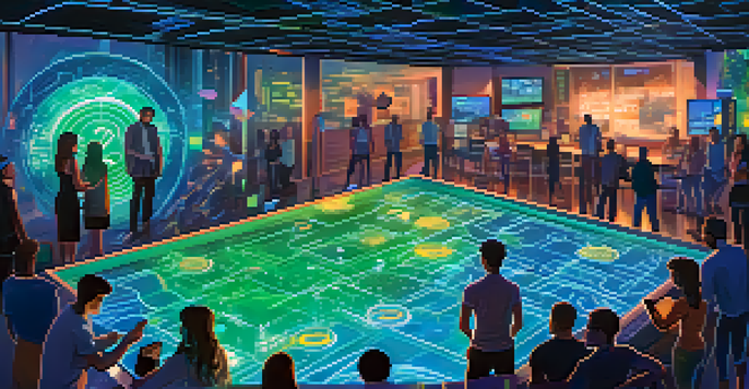 A digital representation of a decentralized finance ecosystem with cryptocurrency symbols and a glowing liquidity pool, illustrating community engagement in trading.