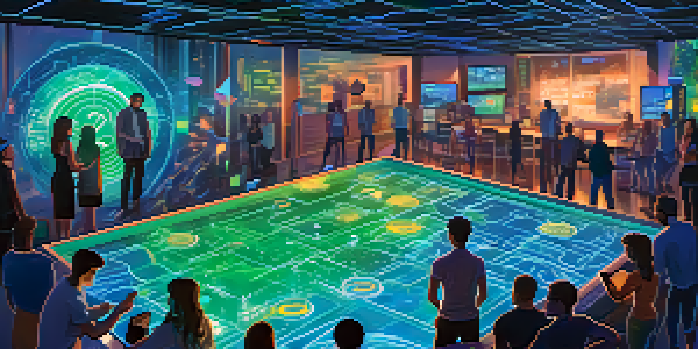 A digital representation of a decentralized finance ecosystem with cryptocurrency symbols and a glowing liquidity pool, illustrating community engagement in trading.