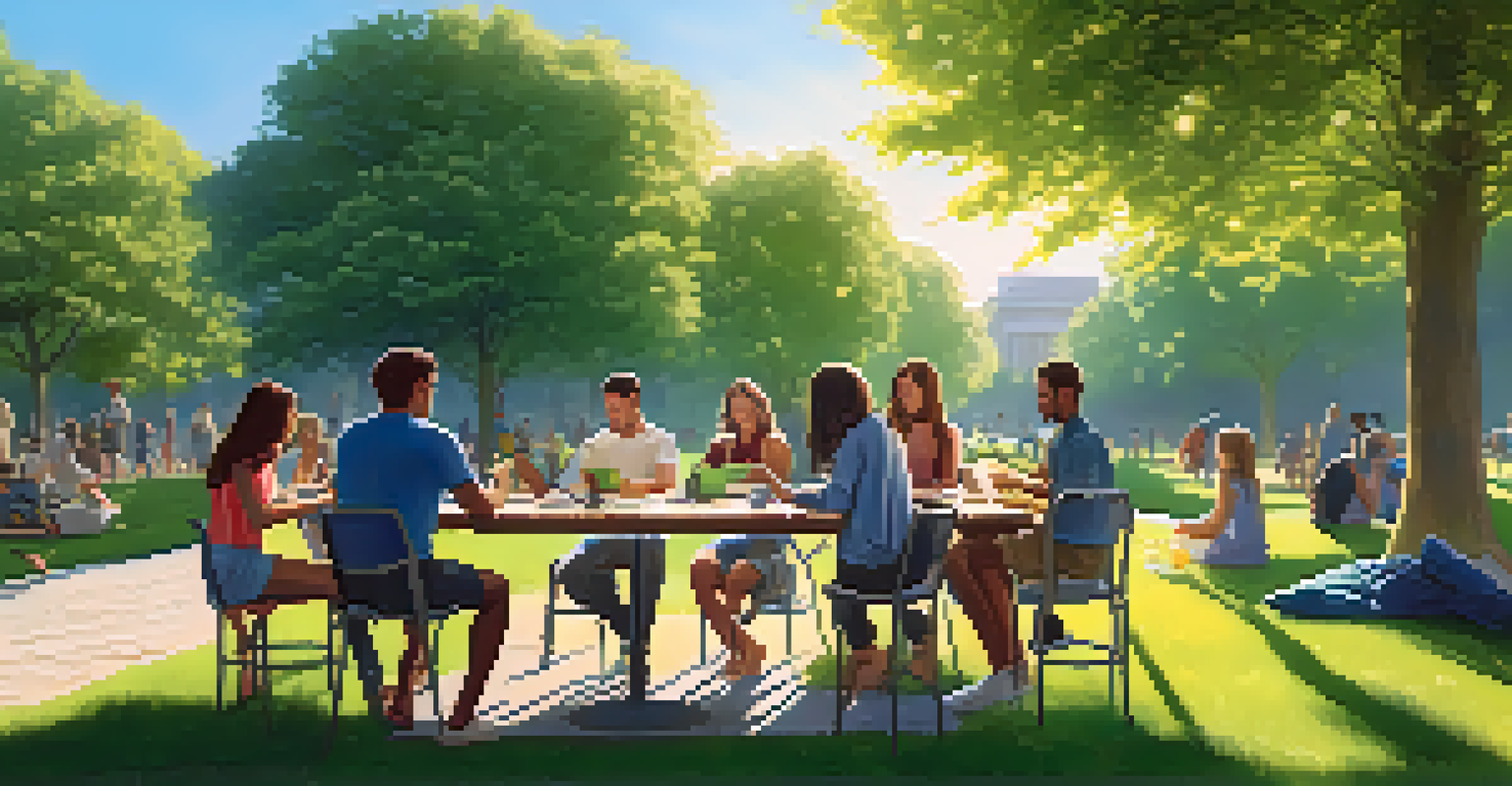 Friends in a park using devices to connect through a decentralized social network under a clear blue sky.