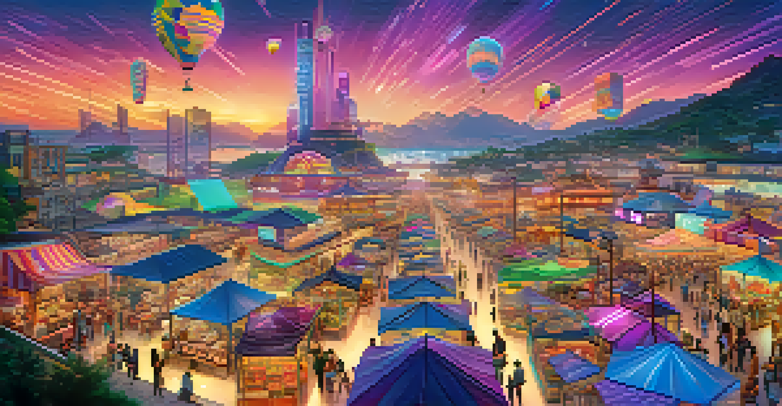 A busy digital marketplace with virtual properties and users interacting with NFTs.