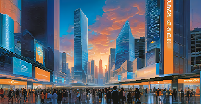A vibrant city at dusk with digital billboards and people interacting with holographic displays.