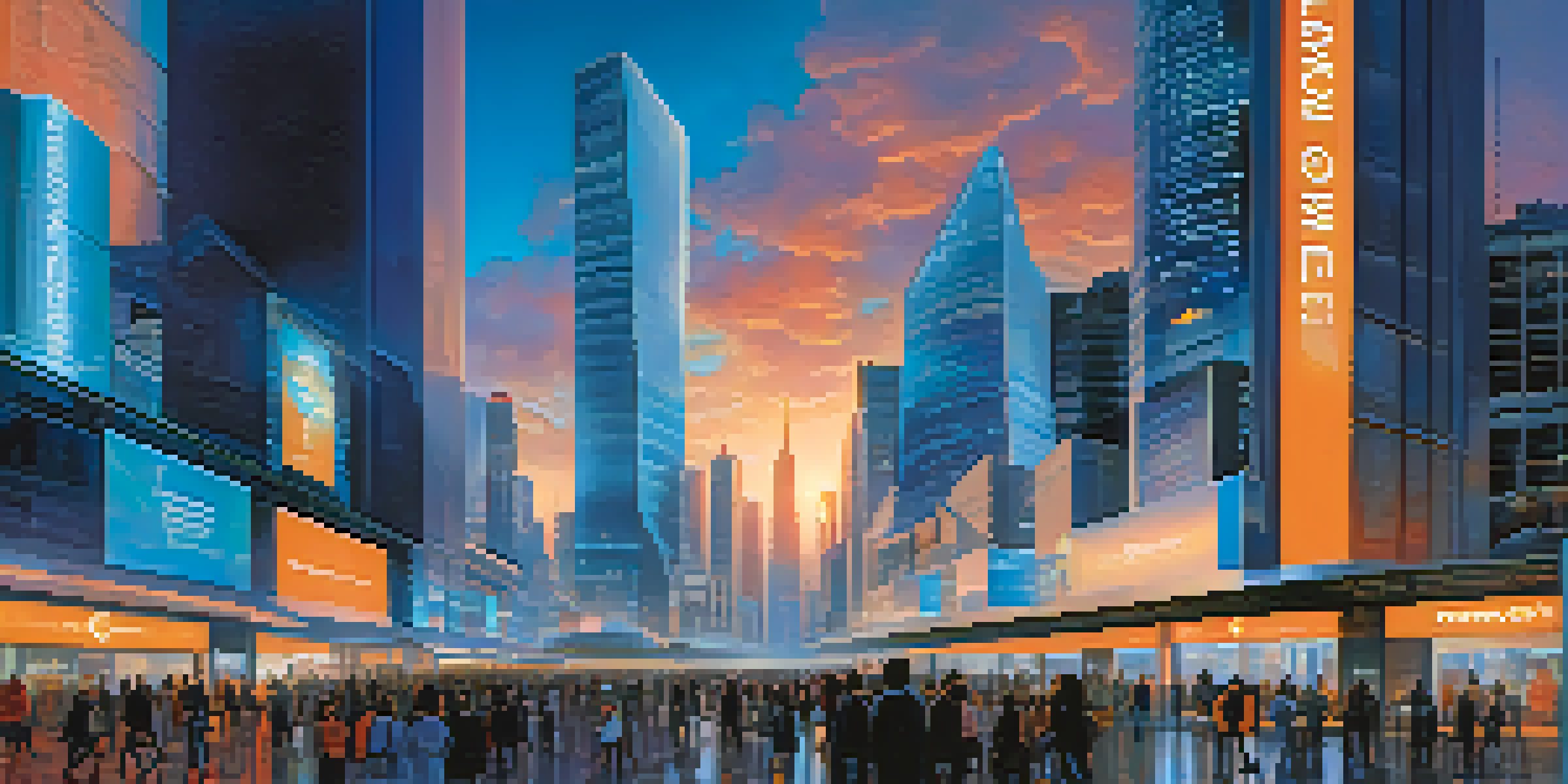 A vibrant city at dusk with digital billboards and people interacting with holographic displays.