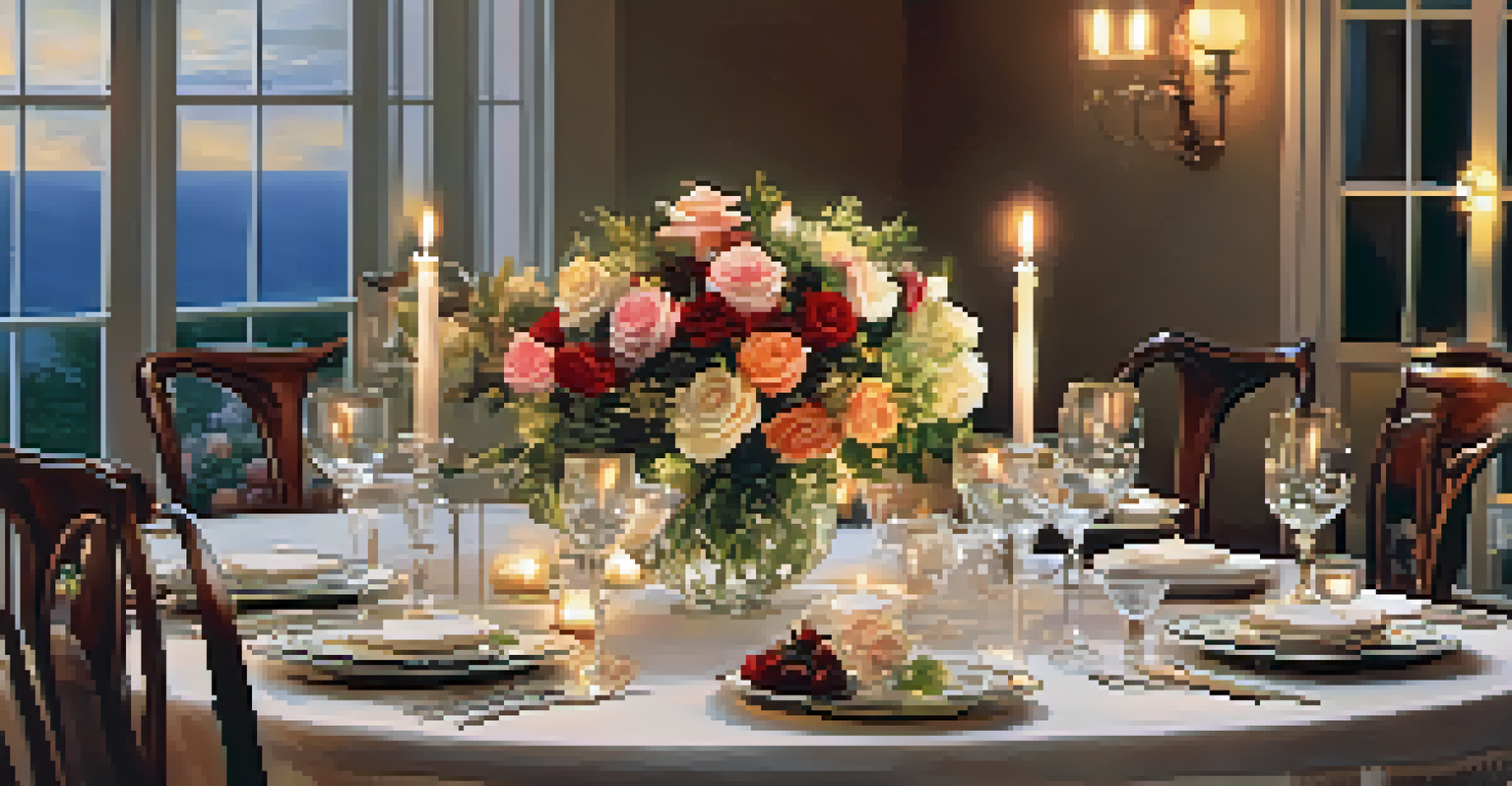 An elegantly set dining table with fine china, sparkling glassware, and vibrant flowers, illuminated by soft candlelight.