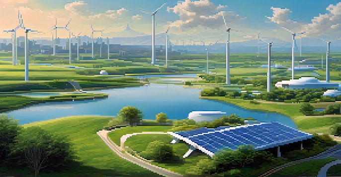 A futuristic city powered by renewable energy, with solar panels and wind turbines, surrounded by greenery and a blue sky.